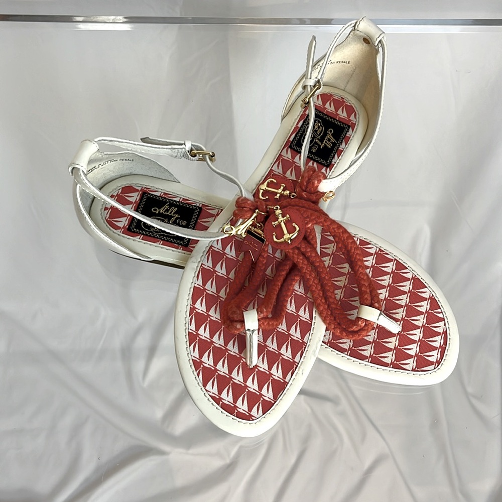 Milly for Sperry charm rope sandals red and white sailboats W 9 ankle buckle